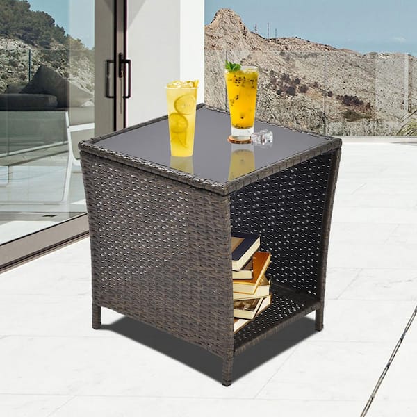 HOTEBIKE Outside Coffee Table - All-Weather PE Rattan and Steel Frame, Patio Furniture Square Bistro Table with Storage Shelf