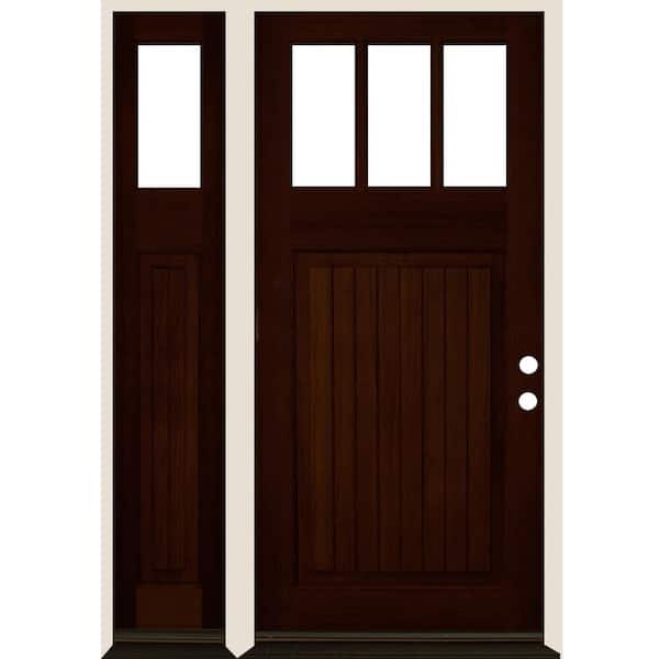 Krosswood Doors 36 in. x 80 in. 3-LIte 1 Panel with V-Grooves Red Mahogany Stain Left Hand Douglas Fir Prehung Front Door Left Sidelite