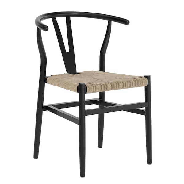 Carnegy Avenue Logan Black Frame/Natural Seat Commercial Grade Wishbone Style Wood and Kraft Paper Stackable Dining Side Chair