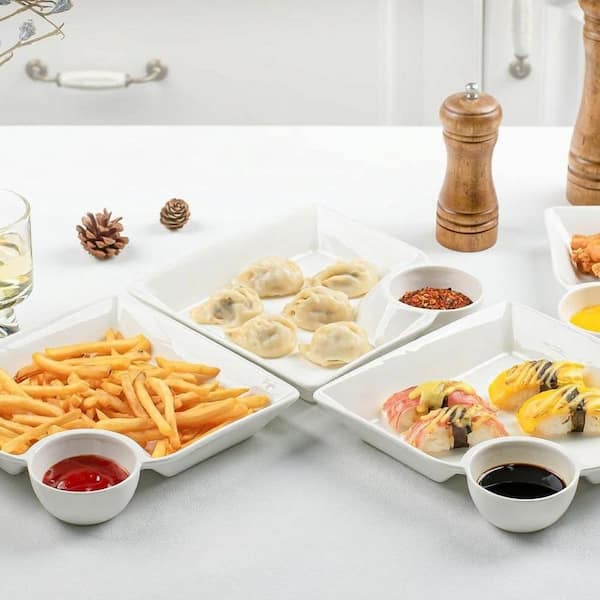 KHKFY 8 Inch Ceramic Divided Snack Plates with Sauce Section Set