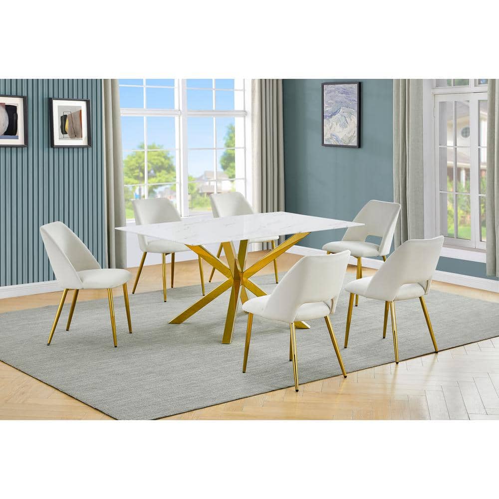 Riley 7-Piece White Marble Wrap Glass Top Cross Leg Base Dining Set with 6 Cream Velvet Fabric Chairs price history on PriceWatchPro