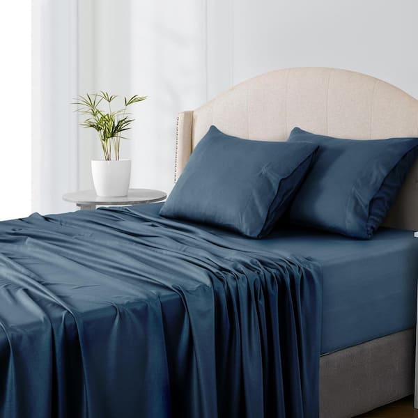 4-Piece Navy Solid Color Bamboo Blend Queen Sheet Set