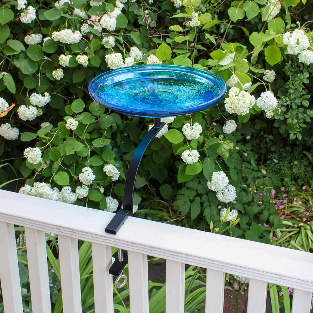 Teal Crackle Glass Birdbath Bowl with Rail Mount Bracket