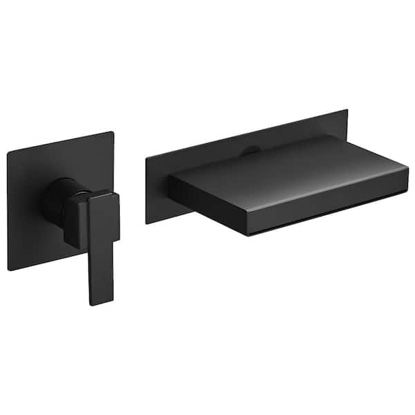 BWE Single Handle Wall Mount Sink Faucet, Matte Black Waterfall Spout Bathroom Bathtub Faucet Rough in Valve Solid Brass