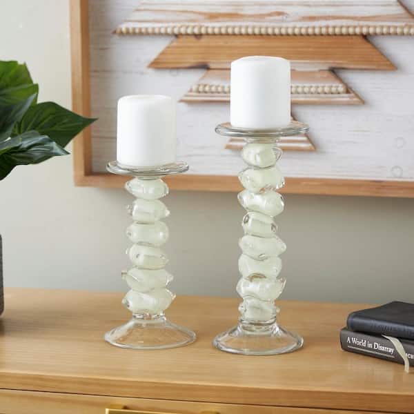 Litton Lane Green Glass Stacked Stone Candle Holder (Set of 2)