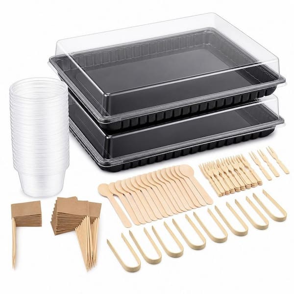 2 Pack 15 in. Disposable Charcuterie Serving Board Set with Lids Mini Serving Tongs Spoons Forks Toothpick Flags Bowls