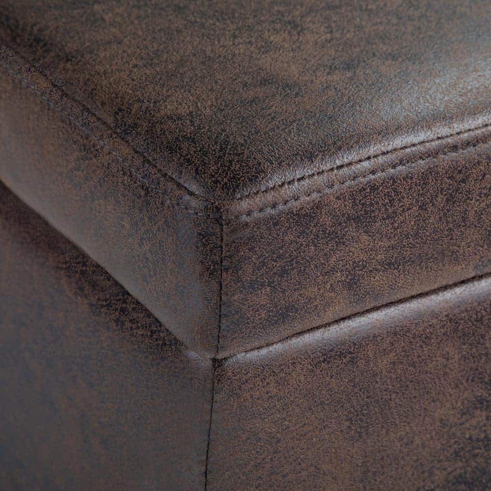 Distressed Brown Faux Leather Storage Ottoman Bench