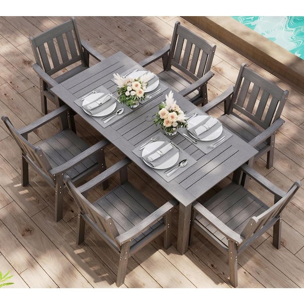 7-Piece Grey Plastic Outdoor Patio Dining Set with Arm Chairs