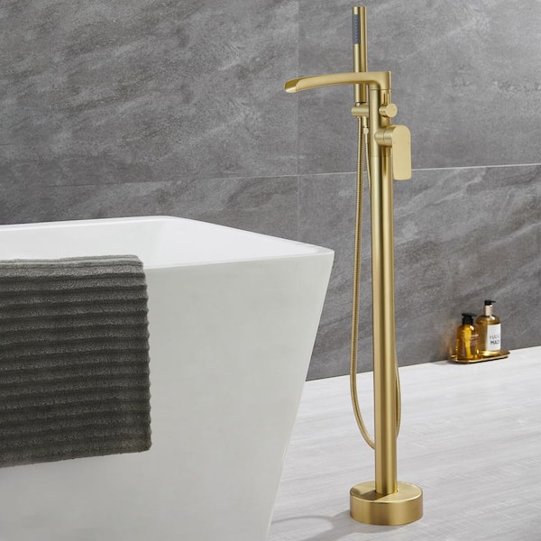 Fapully 1-Handle Freestanding Floor Mount Tub Faucet Bathtub Waterfall Faucet with Hand Shower in Brushed Gold