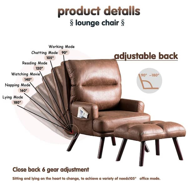 Magic Dark Brown Suede Fabric Recliner Accent Chair and Ottoman Set with Side Bags