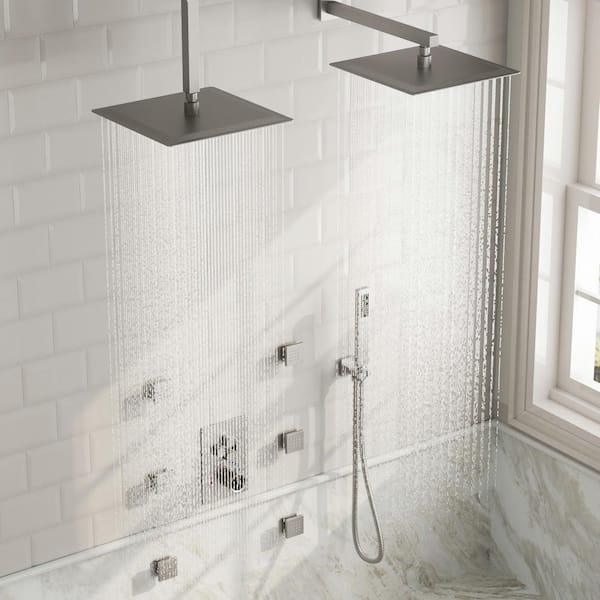 GRANDJOY 15-Spray Dual Showerheads Wall Mount 12 in. Fixed and Handheld Shower Head 2.5 GPM in Brushed Nickel Valve Included