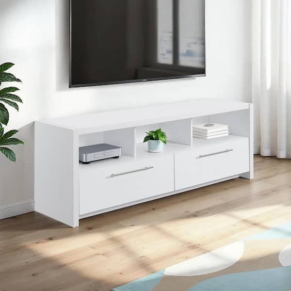 Newport Marbella 16 in. White Wood TV Stand with Cabinets and Shelves for TVs up to 65 in.