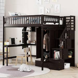 Full Size Loft Bed with Bookshelf, Drawers, Desk, and Wardrobe-Espresso