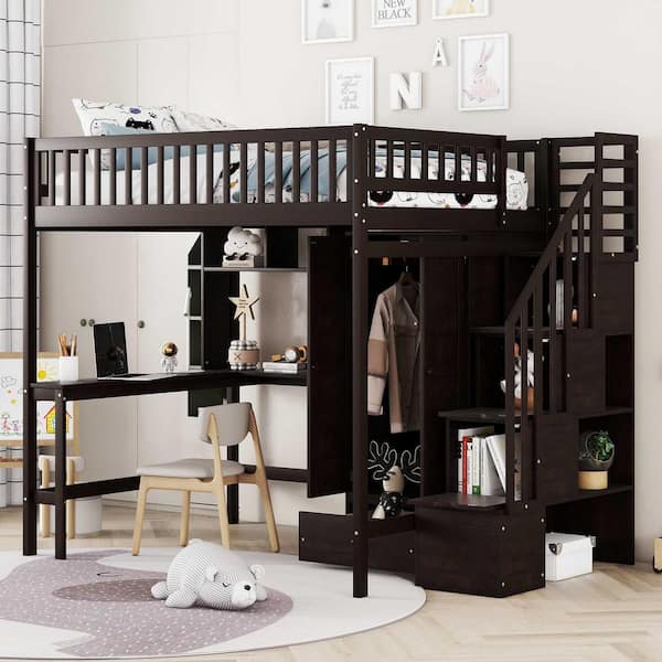 Polibi Full Size Loft Bed with Bookshelf, Drawers, Desk, and Wardrobe-Espresso