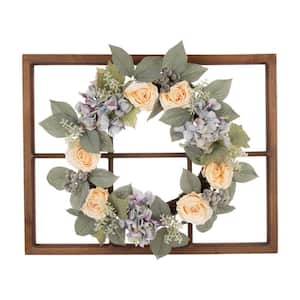 22 in. Artificial Dia Hydrangea Rose Wreath with 28 in. Artificial H Wooden Window Frame
