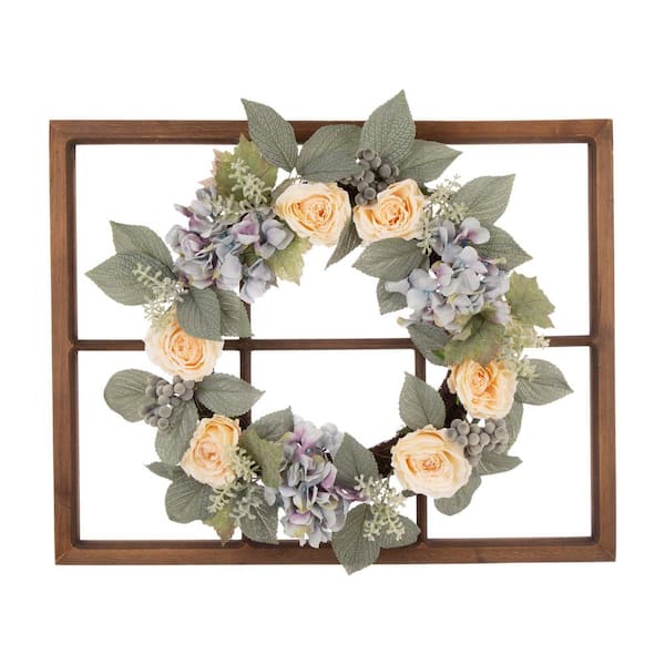 Glitzhome 22 in. Artificial Dia Hydrangea Rose Wreath with 28 in. Artificial H Wooden Window Frame