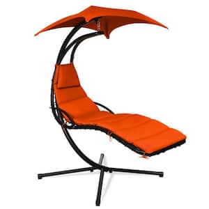 Metal Outdoor Hanging Stand Chaise Lounger Swing Chair with Orange Cushions and Pillow