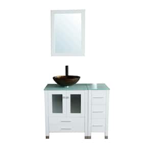 36.4 in. W x 21.7 in. D x 60 in. H Single Sink Bath Vanity in White with Glass countertop and Glass Sink and Mirror