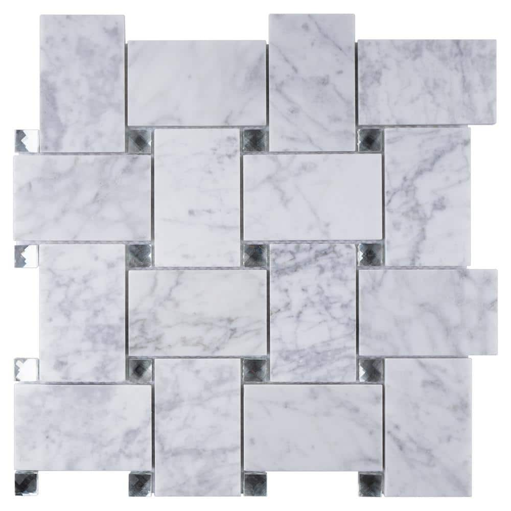 Carrara White 11.74 in. x 11.74 Basketweave Polished Marble Mosaic Tile Sample -  MOLOVO, WHCA-11-SAMPLE