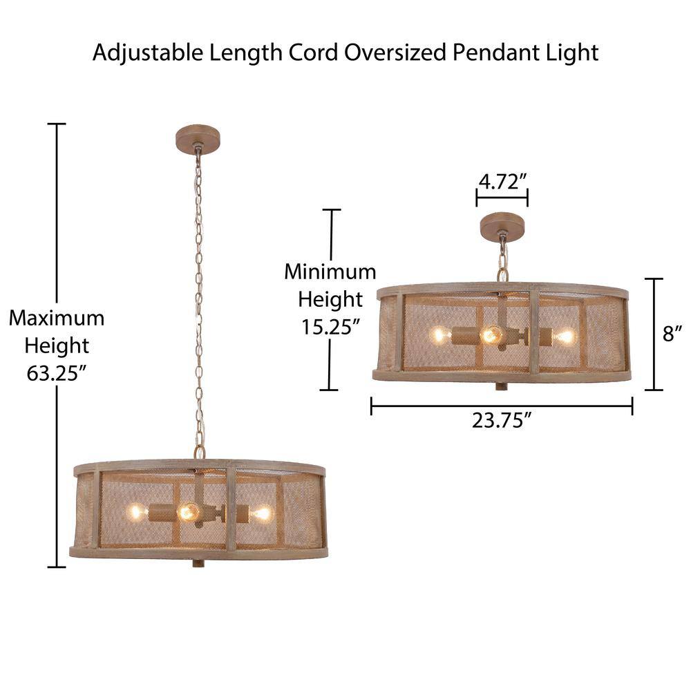 Rustic Farmhouse Woodgrain Metal Drum Chandelier with Mesh Sides