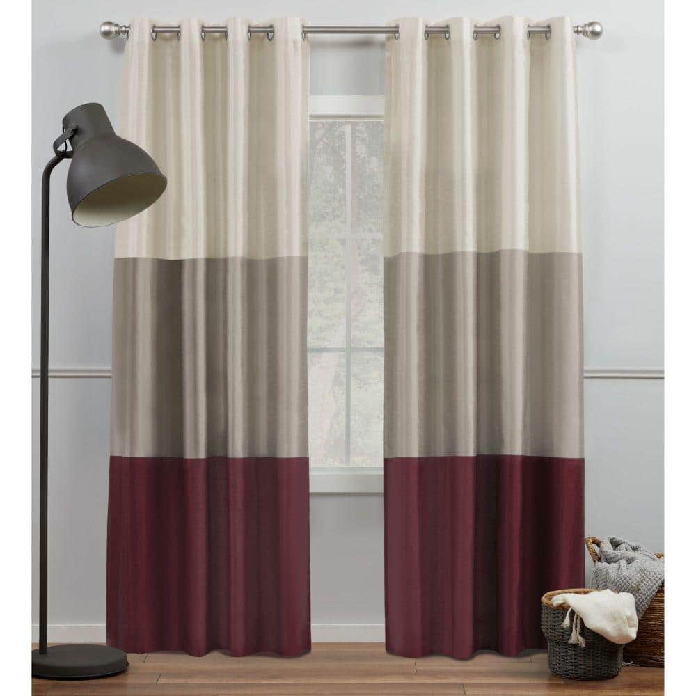 Set of 2 84"x54" Chateau Striped Faux Silk Grommet Top Curtain Panel Burgundy/Taupe - Exclusive Home: Modern Window Drapes