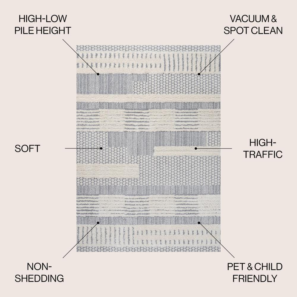 Gray and Cream Geometric High-Low Shag Area Rug