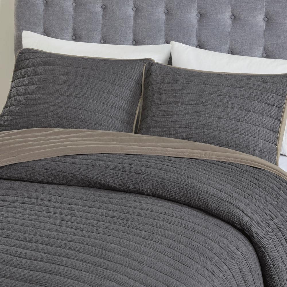 Charcoal King Reversible Microfiber 3-Piece Quilt Set