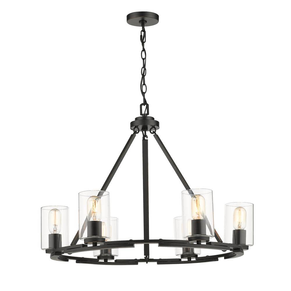 Transitional Matte Black Steel Cage Chandelier with Clear Glass Shades