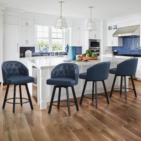 LUE BONA 26 in. Navy Blue Faux Leather Metal Frame Upholstered Swivel Bar Stools with Bright Silver Rivets (Set of 4)