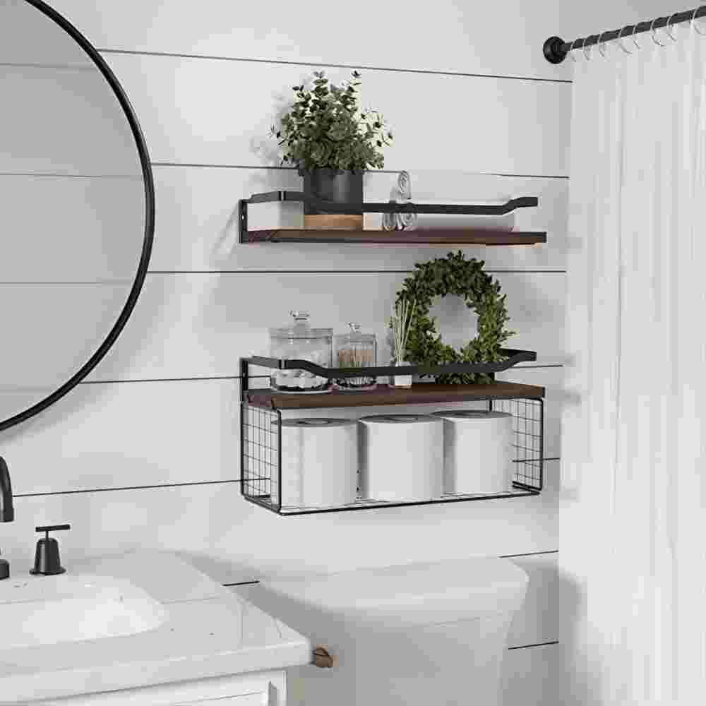 Dark Brown Wall-Mounted Floating Shelves with Metal Guardrail and Wire Basket