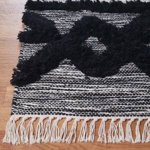 10 ft. Black And Ivory Wool Geometric Flatweave Handmade Stain Resistant Runner Rug with Fringe