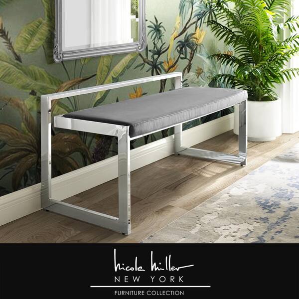 Nicole Miller Ledger Grey/Chrome Bench Upholstered Velvet 20.8 in.H x 20.5 in.W x 48 in.D