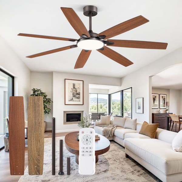 62 in. Large Farmhouse Indoor/Outdoor Ceiling Fan with Lights, Bronze Modern with 8 Dual Finish Blades, Quiet DC Motor