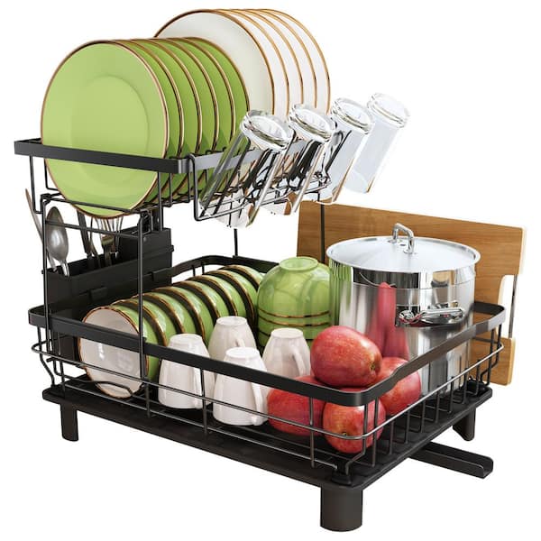JASIWAY 2-Tier Metal Standing Dish Rack in Black