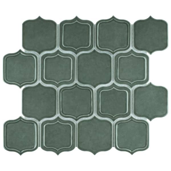 MOLOVO Classic Green 11.86 in. x 10.79 Arabesque Glossy Glass Mosaic Tile Sample