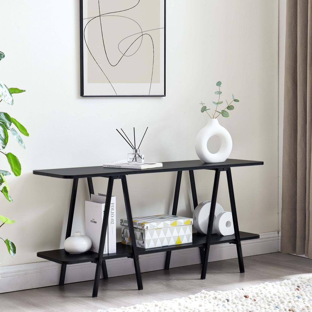 Celine Black Modern Console Table with Two Shelves