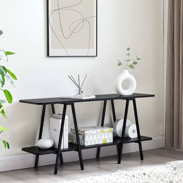 Manhattan Comfort Celine 47.24 in. Modern Black Rectangle MDF Wood Console Table with 2-Shelves