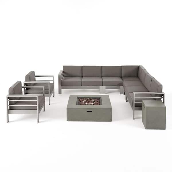 Noble House Cape Coral Silver 9-Piece Aluminum Outdoor Patio Fire Pit Sectional Seating Set with Khaki Cushions
