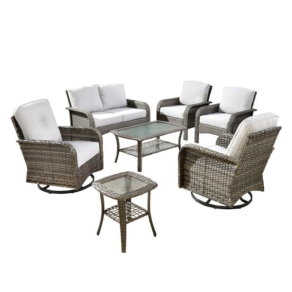 Denali Gray 7-Piece Modern Wicker Patio Conversation Sofa Seating Swivel Rocking Chairs Set with Light Gray Cushions