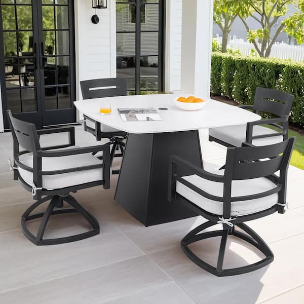 5-Piece Black Aluminum Outdoor Dining Set with Sunbrella Cushions and Swivel Rockers