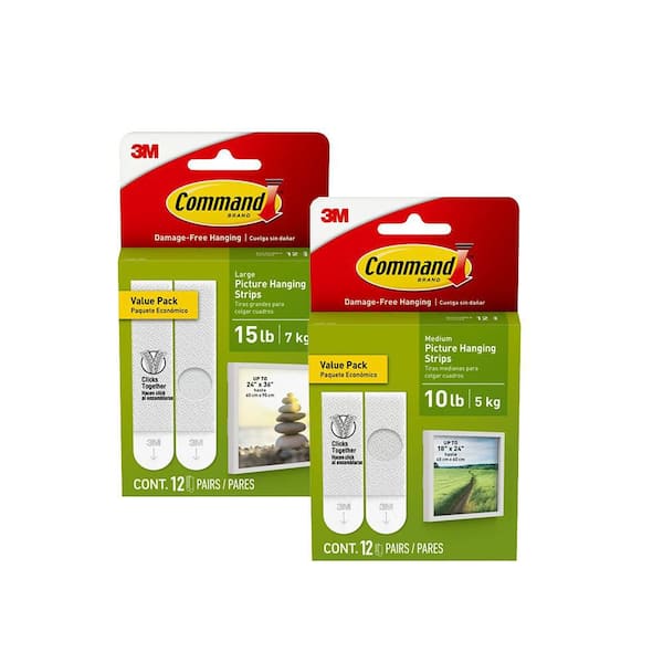 Command Picture Hanging Adhesive Strips, White, Damage Free Hanging, (12 pairs Medium 10lbs, 12 pairs Large 15lbs) 24 Pairs