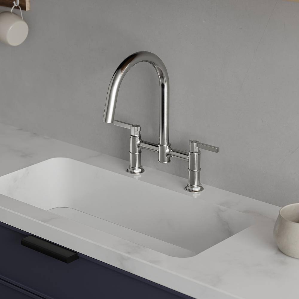 Polished Chrome Double-Handle Bridge Kitchen Faucet with 360 Swivel Spout