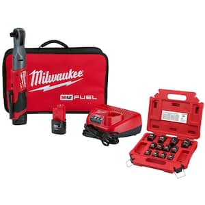 M12 FUEL 12V Lithium-Ion Brushless 1/2 in. Cordless Ratchet Kit W/(2) 2.0Ah Batteries, Charger, Bag & SAE Socket Set