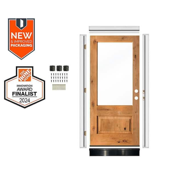 DIY 36 in. x 80 in. Knotty Alder LeftHand 3/4 Lite Clear Glass Clear Stain Wood Front Door Kit w/ Quick Assemble Jamb
