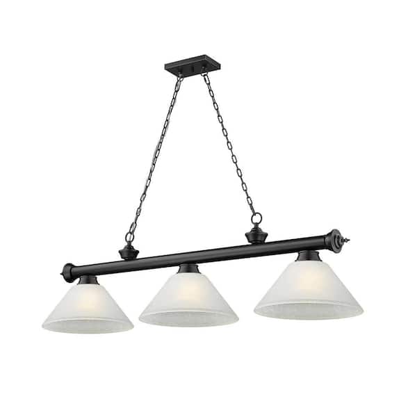 Cordon 3-Light Matte Black Plus Billiard Light Angle White Linen Shade with No Bulbs Included