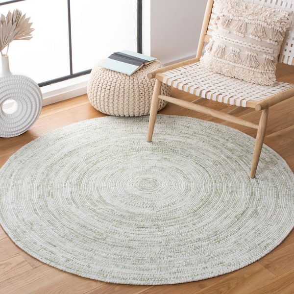 Braided Ivory/Green 3 ft. x 3 ft. Round Striped Area Rug