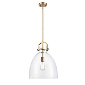 Newton Bell 100-Watt 1 Light Brushed Brass Shaded Pendant Light with Clear glass Clear Glass Shade