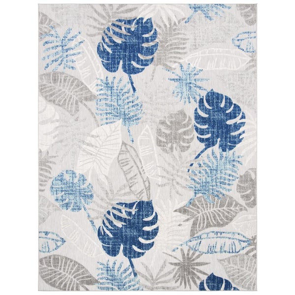 Cabana Gray/Blue 8 ft. x 10 ft. Geometric Leaf Indoor/Outdoor Patio  Area Rug
