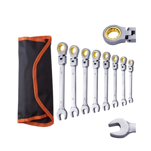 Flex-Head Ratcheting Wrench Set, 8-Piece Combination Wrench Set Roll-up Pouch, Cr-V Steel Ratcheting Wrench Set, Air