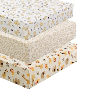 3-Piece Brown Tan Yellow Cotton Wild Animal Cheetah/Leopard Print Lion King Jungle Friends Crib/Toddler Fitted Sheets